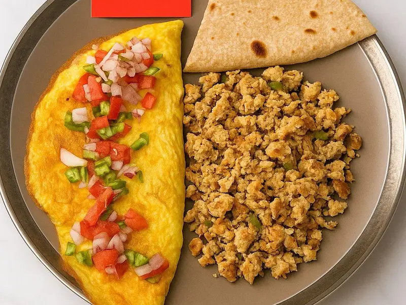 High Protein Omelette With Minced Chicken: 3 eggs, 90 to 100g chicken breast mince and 1 roti